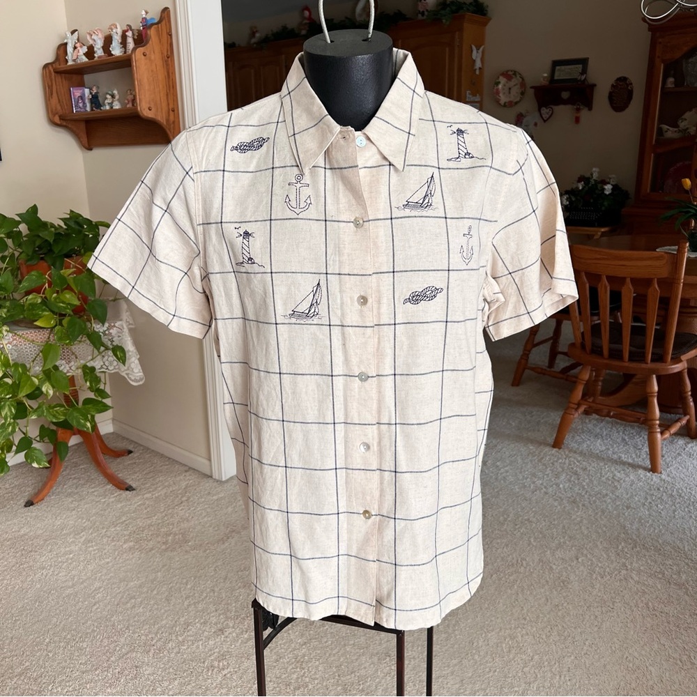 Cream Casual Button Down Shirt with Grid Pattern
